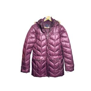 Lands End Womens Purple Puffer Hooded Winter Jacket Full Zip Fur Trim Size S